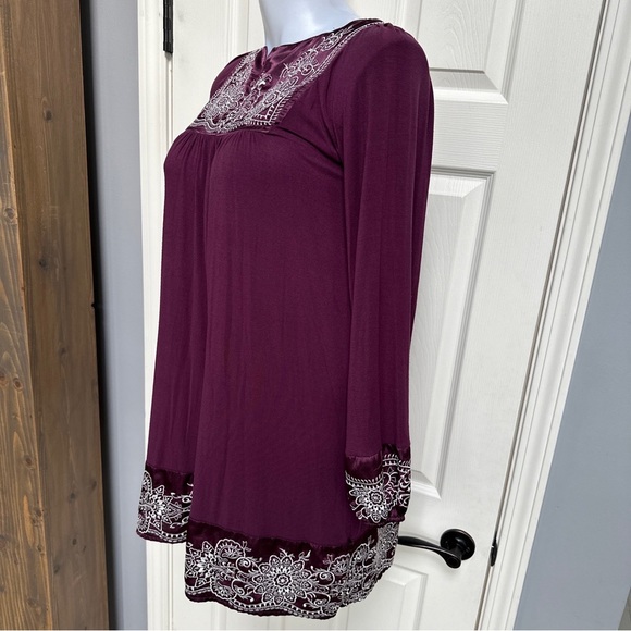 FOR JOSEPH Purple Embroidered Floral SATIN YOKE Boho Flowy Shift L/S Dress Sz M - Picture 4 of 10